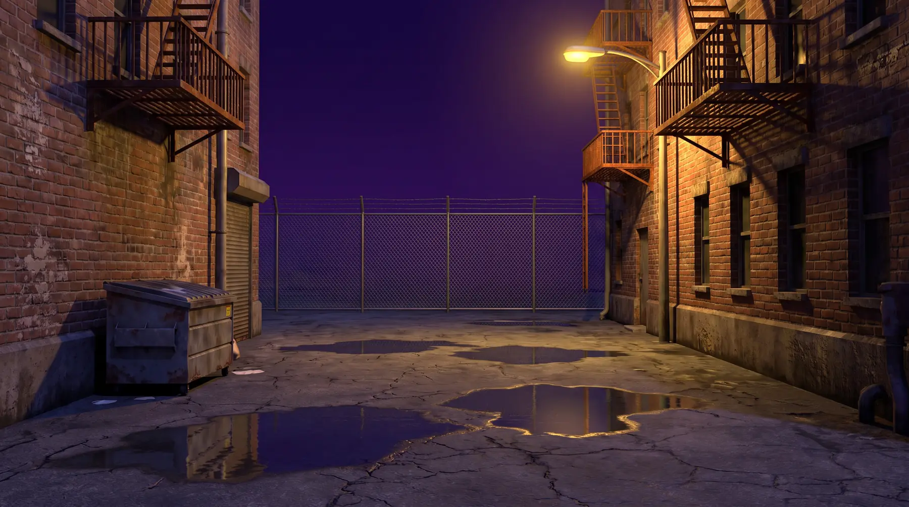 An empty brick alley at night with a chain link fence
