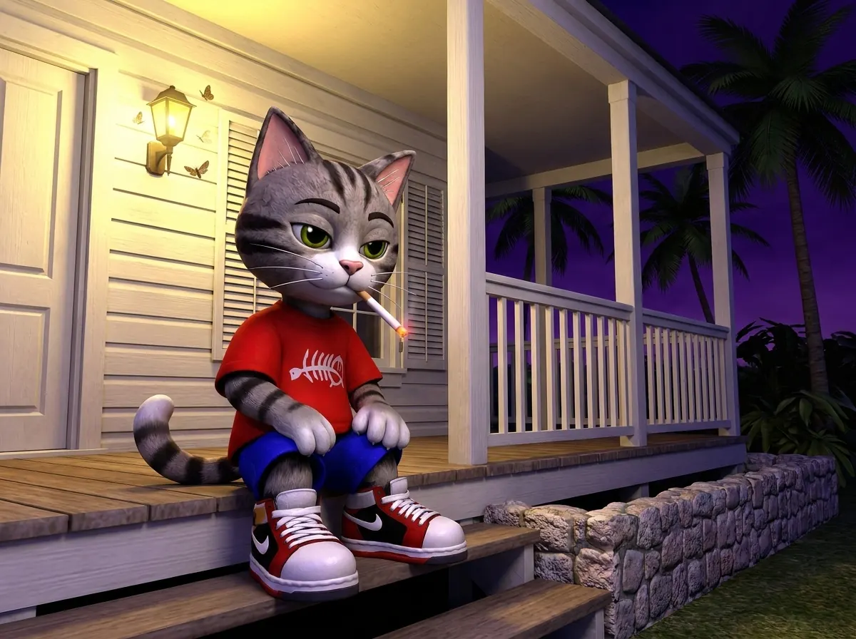 The cat sitting on the porch steps of a white house at night