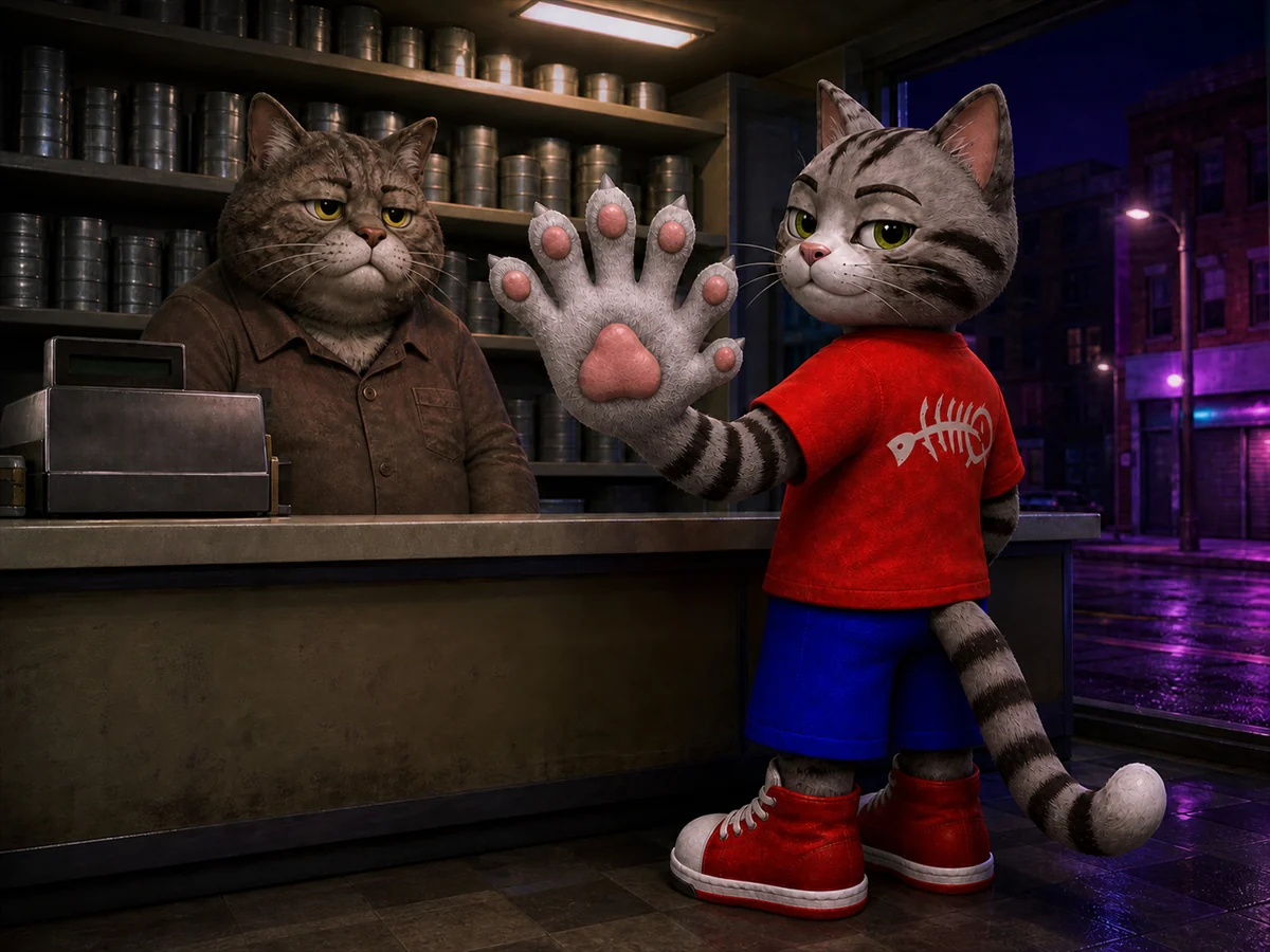 The cat showing his six toed paw to the shopkeeper at a corner store