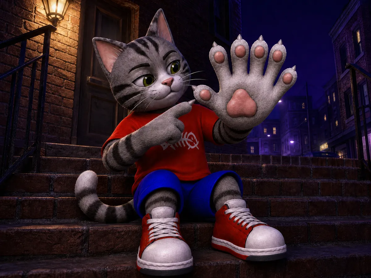 The cat on a stoop pointing at his six toes and counting them
