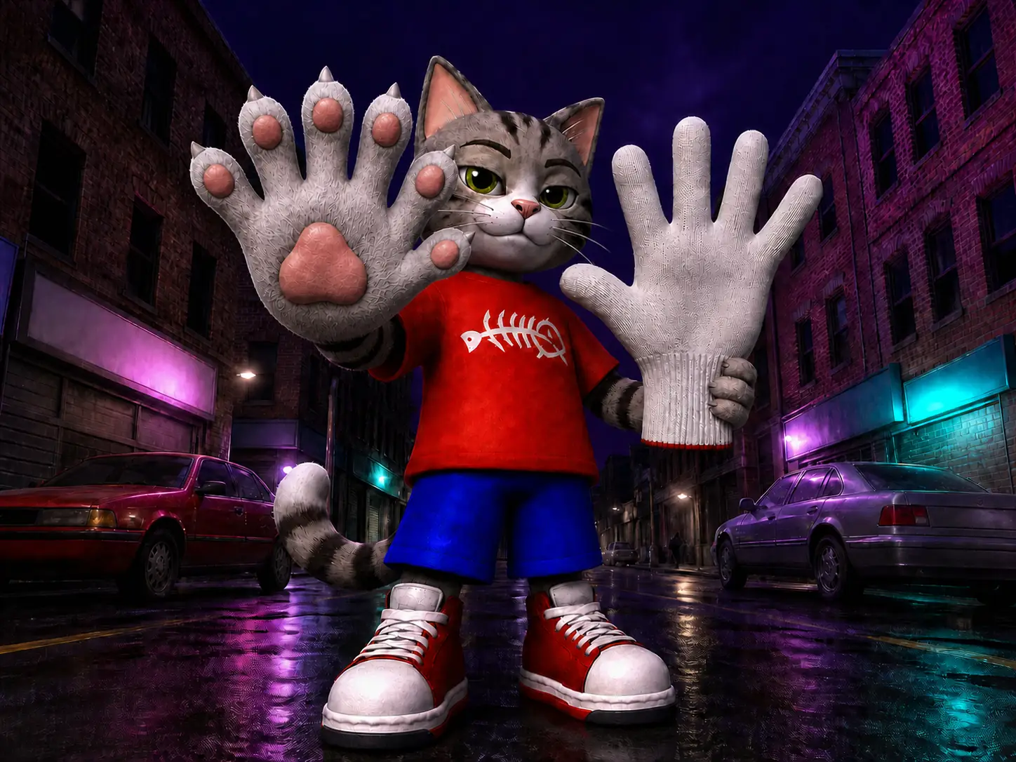 The cat holding his six toed paw up next to a five fingered glove