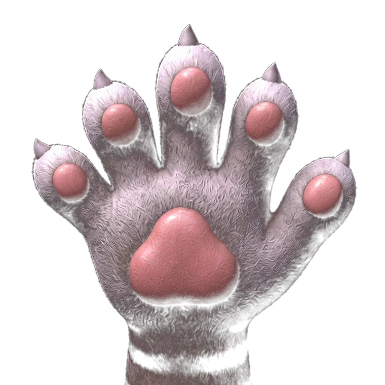 A grey striped cat paw with six spread toes