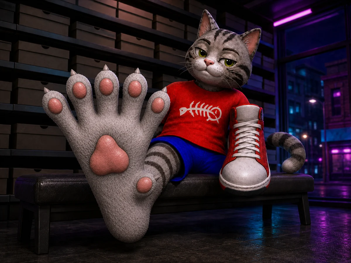 The cat in a sneaker shop holding a shoe and looking at his own paw