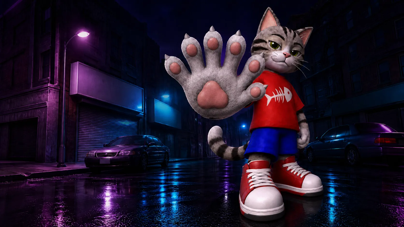 The cat on the street holding his six toed paw up to the camera