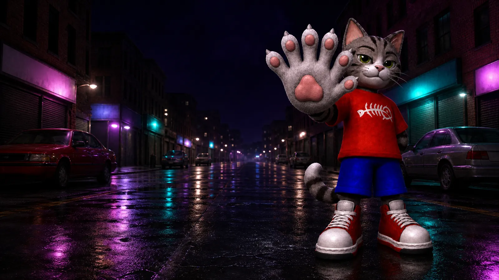 The six toed cat holding his paw up on a neon street at night